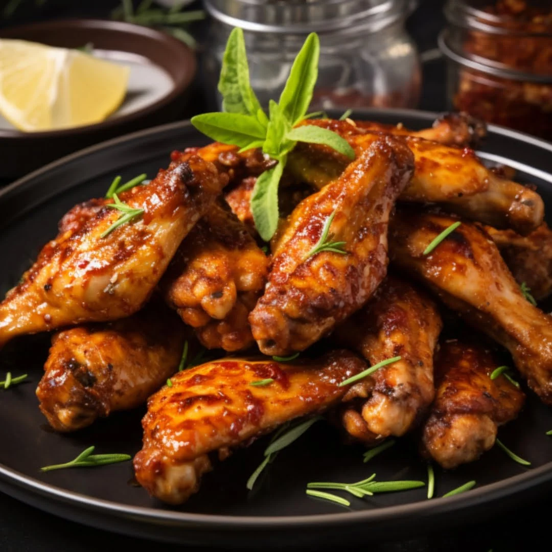 Fertig angerichtete Chicken Wings aus der Heißluftfritteuse – goldbraun, knusprig, mit glänzender Honig-BBQ-Glasur auf einem Holzbrett serviert